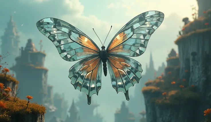 A butterfly with wings resembling shattered mirrors, flying through a surreal dreamscape of floating islands.
