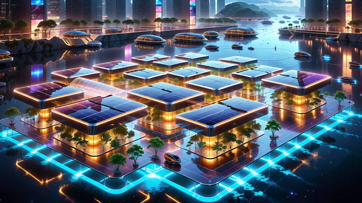 A Masterpiece In 32K Resolution, Supreme Quality, Super Detail, Official Art, Very High-Resolution 32K Wallpaper, Beautiful And Aesthetic, Ultra-Detailed Features, Awe-Inspiring Detail. A Futuristic City Built On Massive Floating Platforms In The Ocean, Po...