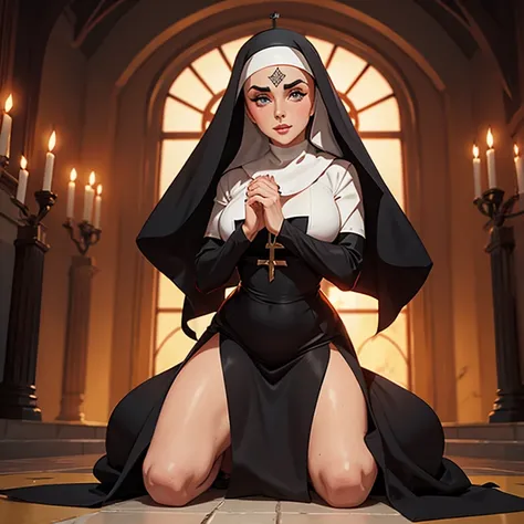 Elizabeth Taylor as a evil nun in a kneeling pose, Inferno
