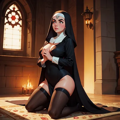 Elizabeth Taylor as a evil nun in a kneeling pose, Inferno
