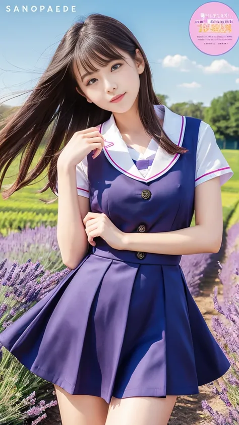  beautiful girl wearing sexy school dress shot on magazine cover, Vivid atmosphere ,  lavender field , looking_at_viewer