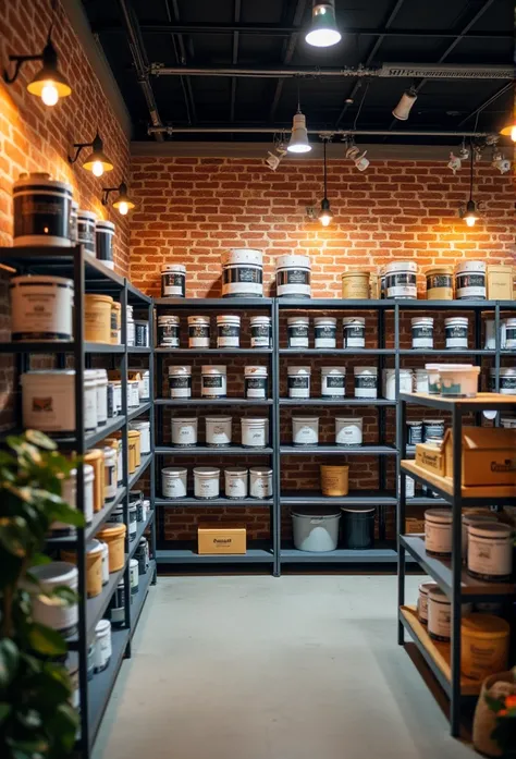 1. Industrial Modern Style Paint Shop Design With Rough Brick Wall,  gray wall paint ,  18 liter paint bucket neatly laid out on metal shelves . open space,  uses industrial lighting to highlight construction paint products.  The image has a soft focus ,  ...