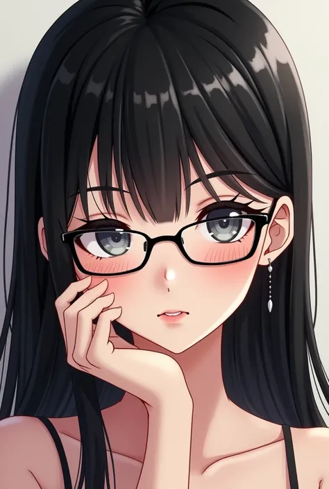 Anime picture White girl with long straight black hair clipping with sexy glasses solid tone hand feet chin looking face