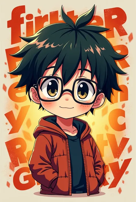 A cute anime boy wearing glasses like okarun. With background fire fighter gravity written. In dandandan artwork