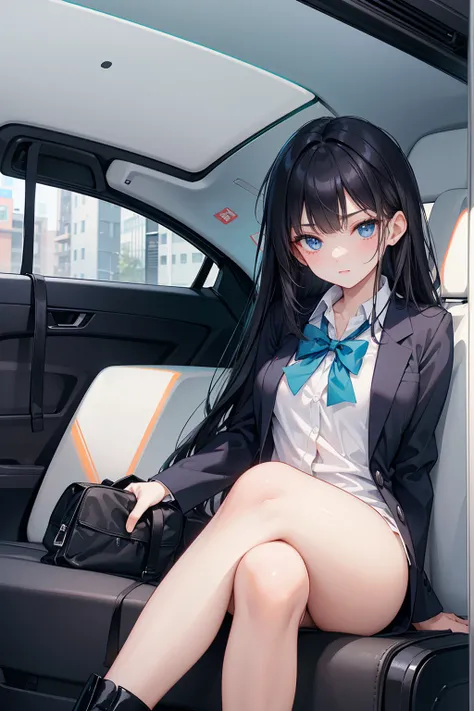 High school students ， already, Black Hair ， With warm blue eyes ， Wore a brand new blue suit and black boots ， Pure white collar and bright green bow 。 has long Black Hair and warm blue eyes ， Lean back in the car seat ， Pose Alluring , spread legs , lowe...