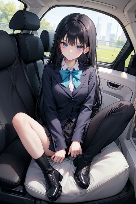 High school students ， already, Black Hair ， With warm blue eyes ， Wore a brand new blue suit and black boots ， Pure white collar and bright green bow 。 has long Black Hair and warm blue eyes ， Lean back in the car seat ， Pose Alluring , spread legs , lowe...