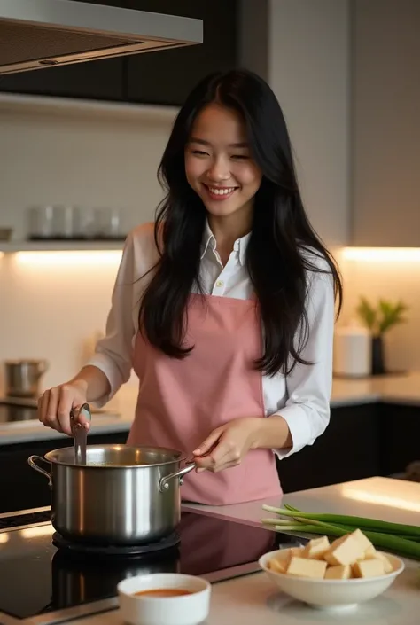 View from side, full body, A young and beautiful Asian woman with long, flowing black hair is cooking in a modern, well-lit kitchen. She is wearing a only tiny pink apron, smiling warmly as she stirs a pot of miso soup on the stovetop. The kitchen is sleek...