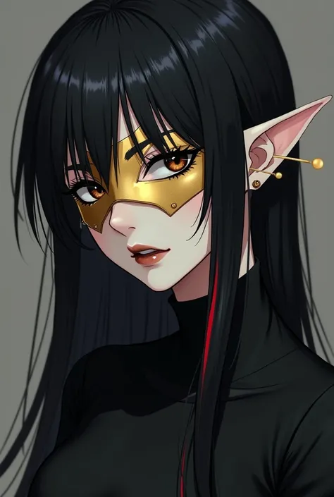 An anime like character with a design - Slim face with distinguished cheekbones, look kinda scary. A gold plate fave mask, that doesnt cover their lips. greyish skin but with brown lips. Long, pin straight black straight hair with a single red bit. Sharper...