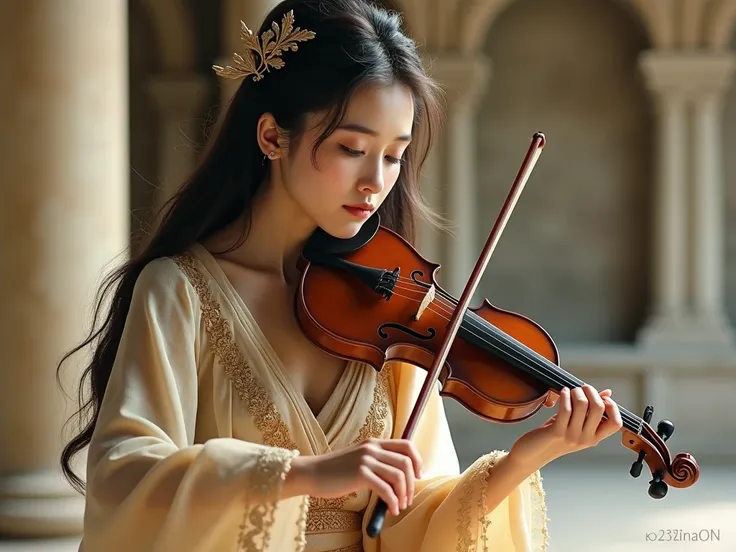 A young woman in a flowing, elegant garment plays a traditional string instrument, set against a softly blurred background of an ancient architectural structure. Her long, dark hair cascades down, adorned with delicate accessories, while her makeup feature...