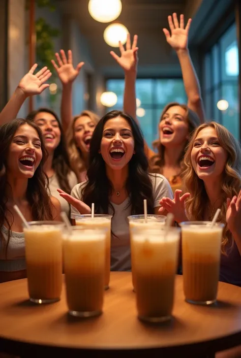 Create a real image of girls cheering. ribbed glass like tumbler shape narrow from botton and wide then with boba coffee in table.  Ribbed Glass Cups with Lids and Straws. https://a.co/d/8elH4nn