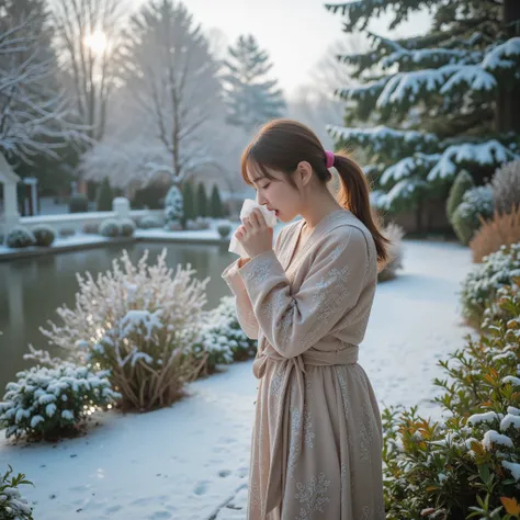 1 woman, yawning, wiping nose with tissue, winter garden, masterpiece, best quality, detailed, high resolution, photorealistic