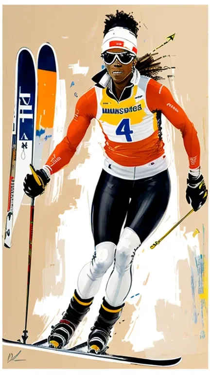 Masterpiece, best quality,
1 woman, ski sprint, 
(sketch by Andre Kohn, Jean-Michel Basquiat)