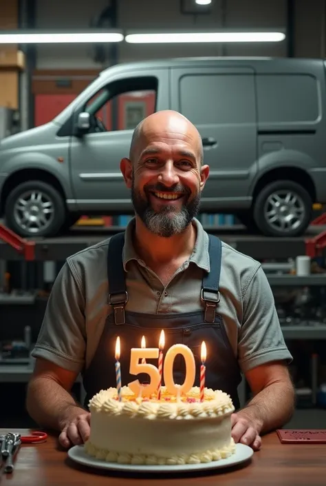 50. Completely bald car mechanic celebrating his birthday.
Let a gray 2004 vintage Peugeot partner stand in the background on a tentacle car lift! 
On the cake there should be a 50 th candle . 