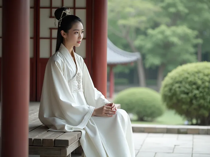 arafed woman in a white dress sitting on a bench, white hanfu, palace ， a girl in hanfu, chinese style, a beautiful fantasy empress, chinese girl, ethereal beauty, hanfu, beautiful asian girl, beautiful oriental woman, chinese woman, gorgeous chinese model...