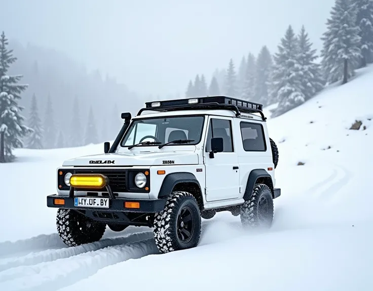 Suzuki sumarai 1992 model highroof white with MT rires and a yellow bar light on front bumper during snow expedition in the mounatains of murree