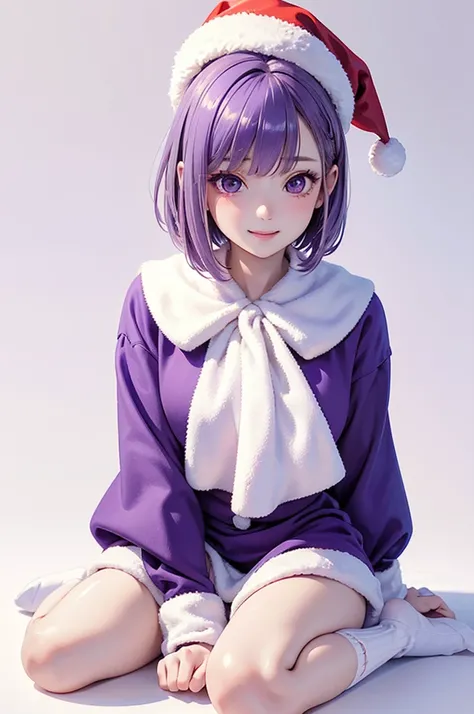  Best Quality , high definition ,8k, (a pure white background), (no details), (no scenery), (completely blank background),( Masterpiece:1.2), pretty girl,( glossy purple hair:1.3),(short hair),bob cut,Beautiful purple eyes,santa costume,santa hat, santa ca...