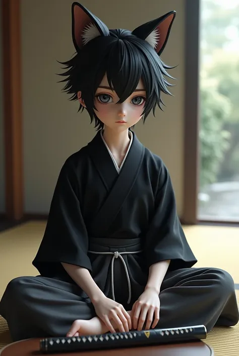 Mid-teen boy、small、vampire、 black hair、 split in the center 、Cat ears、 Black Kimono、Grey Hakama、 tatami room 、sit、前に低いテーブルがあり刀が置いてある、3d