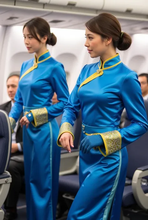 Flight attendants in bright blue and gold kung fu outfits perform a brief martial arts performance before boarding. The costumes are based on traditional forms, but are made of modern, shiny materials. After the performance, the attendants return to their ...