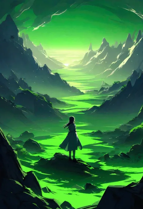 Girl, green screen landscape