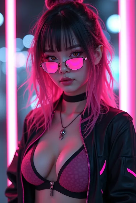 30-year-old woman with pink eyes with futuristic lenses and with pink hair with black tips wearing a belly button top and a black skirt with neon pink cyberpunk anime style