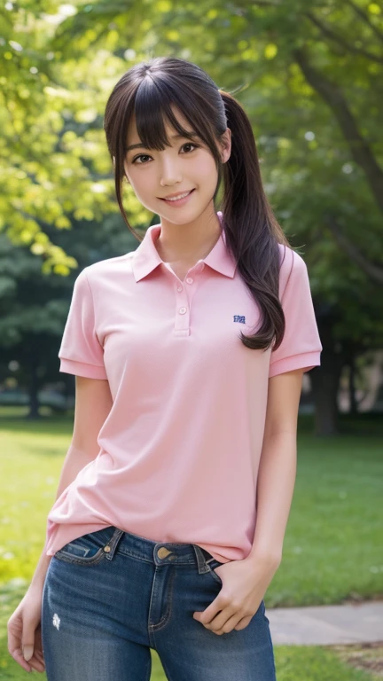 (super real:1.6), (best quality:1.6), (8k:1.4), (super detail:1.4), (1girl), ( Japanese Girl), ( pink polo shirt), ( blue jeans ), (front view the girl), ( small tits), (flat chest), ( Dark Haired Ponytails ), (bangs), (very cute face with smile), (Japanes...