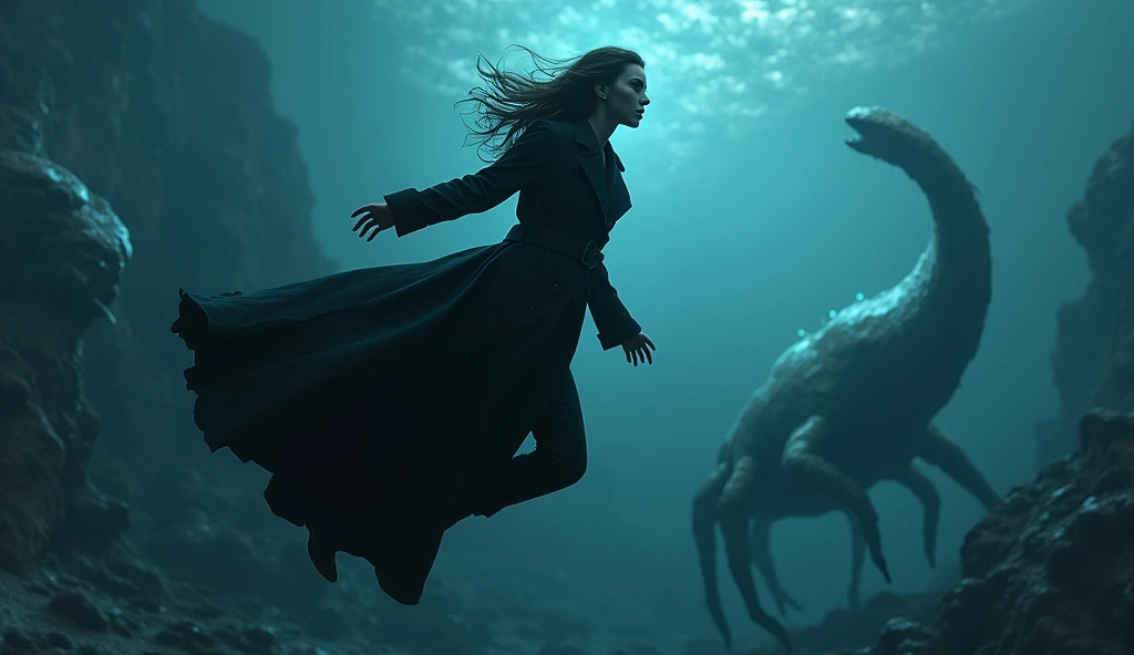 An enigmatic woman wearing a black trench coat flying over a water planet with giant undersea creatures inhabiting it. Her body glows with a blue-like energy aura. The planet is her domain and the sky is dark.