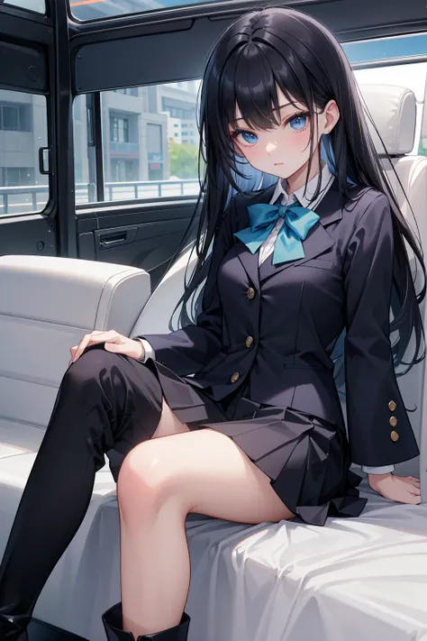 High school students ， already, Black Hair ， With warm blue eyes ， Wore a brand new blue suit and black boots ， Pure white collar and bright green bow 。 has long Black Hair and warm blue eyes ， Lean back in the car seat ， Pose Alluring , spread legs , lowe...