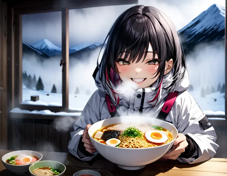 Black-haired beauty"Haruna"Eats a bowl of warm ramen with a smile  ,  wearing white snowboard clothes  , Inside a dark cabin with no lights , Outside the small window is a snowy mountain with a severe blizzard((Fog filter effect:8.0 ,  Blurred Background))...