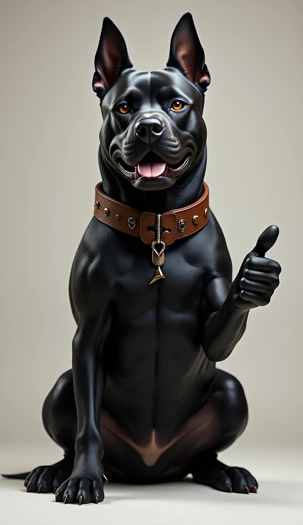 a cute and fierce dog, black, with a leather collar around his neck, sitting and his right hand giving an upside down thumbs up.