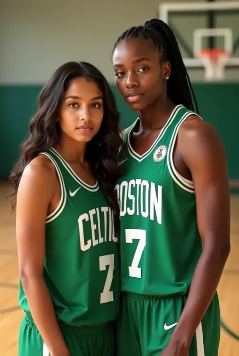 Antonia Gentry next to a
 Strong and tall girl in Boston Celtics number 7 basketball uniform
