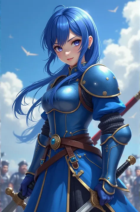  top quality,  Masterpiece,  highest resolution，（battlefield_background）， Dragon Quest ，Swordsman_woman，Blue Armor， Anime Style , （4K）, Alone， ((whole body)) ，  looking at camera,  hyperdetail with a big sword, ( intricate details ),