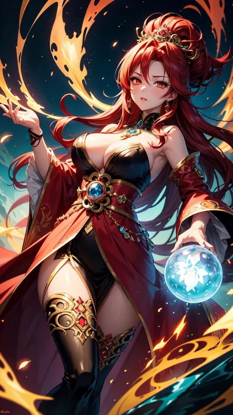 An anime-style illustration of a mysterious woman with flowing, vibrant red hair, styled elegantly to emphasize her enigmatic aura. She has glowing amber eyes that radiate wisdom and mystery. Her outfit is intricate, with elements of traditional Japanese d...