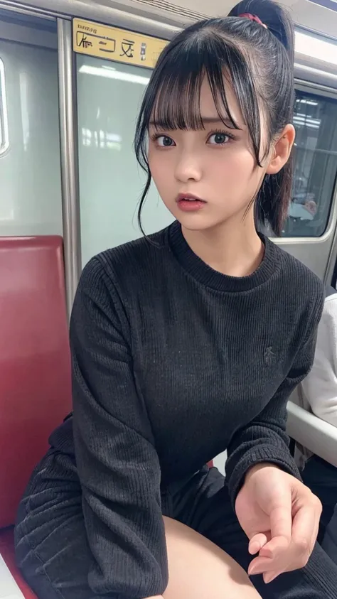 ((twenty years old)),(sitting on the seat),(((black long sleeve knit, black corduroy pants))), (((open mouth, angry half closed eyes:1.1)))、((((black short ponytail hair, bangs)))), Japanese、(dark skin),((((Round face))))、(big cheeks)、((Cute Face))、(((Japa...