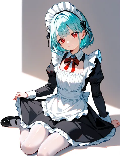 1girl, solo, maid, cyan hair, apron, maid headdress, maid apron, dress, red eyes, white pantyhose, frills, long sleeves, pantyhose, smile, black dress,
simple background, white background,
detailed beautiful eyes, perfect body, [nsfw:0.88]
(detailed light)...