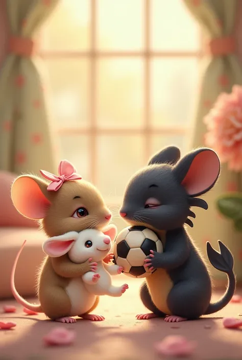 A tender image of two little mice ,  a mouse with a pink ribbon on its head the mouse has a stuffed animal in its hands of a white lamb and the lamb is holding a pink tulip ,  the mouse carries a soccer ball in one hand and a cuddly chimuelo plush in the o...