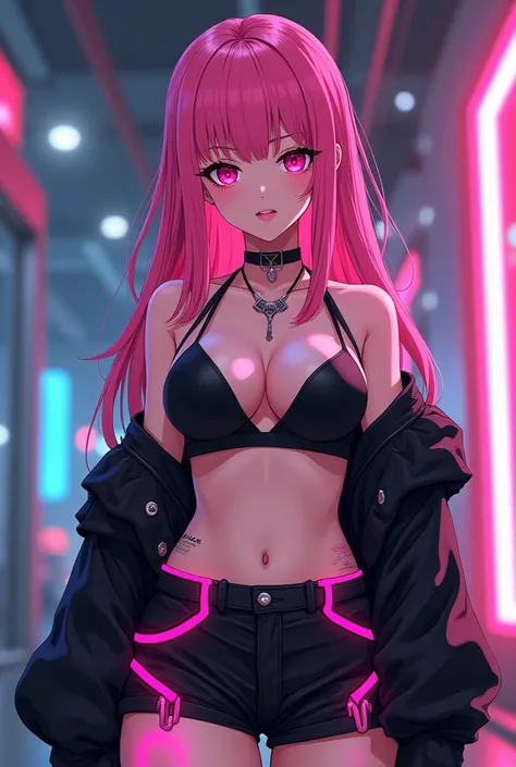 30-year-old woman with small breasts with pink eyes with futuristic lenses and with long pink hair with black tips at the end wearing a belly button top and a skirt in black with neon pink cyberpunk anime style