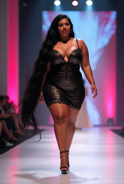 Moderately fat indian aunty with  long,black fantasy ponytail.she is ramp walk in a fashion show.she is wearing sexy modern dress with high heels.