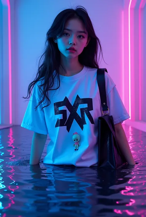 Fashion photo SXR brand has a Korean model with a cute doll figure, a white SXR T-shirt wet in the middle of the picture, a black tote bag, 14*The 16-inch front facing SXR print blends seamlessly with a neon blue and purple background, displaying a combina...