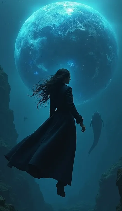 An enigmatic woman wearing a black trench coat flying over a water planet with giant undersea creatures inhabiting it. Her body glows with a blue-like energy aura. The planet is her domain and the sky is dark. She is looking down a leviathan monster floati...