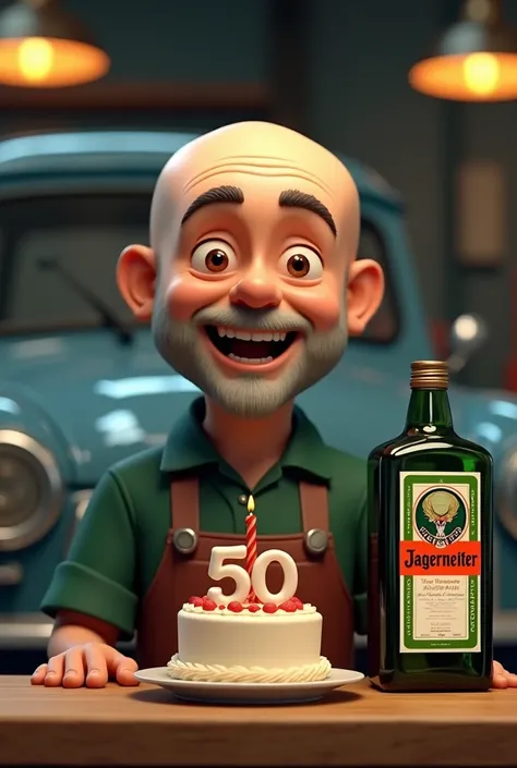 50. A completely bald car mechanic celebrating his birthday has no amber . 
 In the background on a tentacle car jack is a gray 2004 vintage Peugeot partner! 
On the cake there should be a 50 th candle .  
Next to the cake, a bottle of jagermaister .