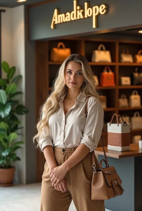 Create a 28-year-old woman,  entrepreneur who sells bags of high-end brands , like Gucci , Prada, CHANEL,  Loui Vuiton , Fendi, Kurt Geiger , Set in the background a large place ,  with a display of bags for women ,  inside the business that is modern in s...