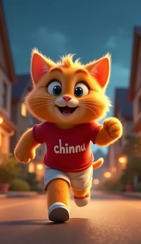 A 3d Pixar, an adorable fluffy orange cat with big expressive eyes, wearing a red shirt has written “chinnu” with white shorts along with white joggers Cat It is running on the road, there are houses on all four sides, and during night time, lights are run...