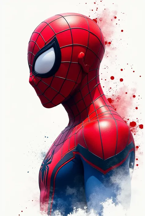 Create an artistic rendition of Spider-Man in a side profile, focusing on his iconic red and blue suit with intricate webbing patterns. Highlight the white eye lens with realistic texture. Use a watercolor-inspired art style with splashes of red, blue, and...