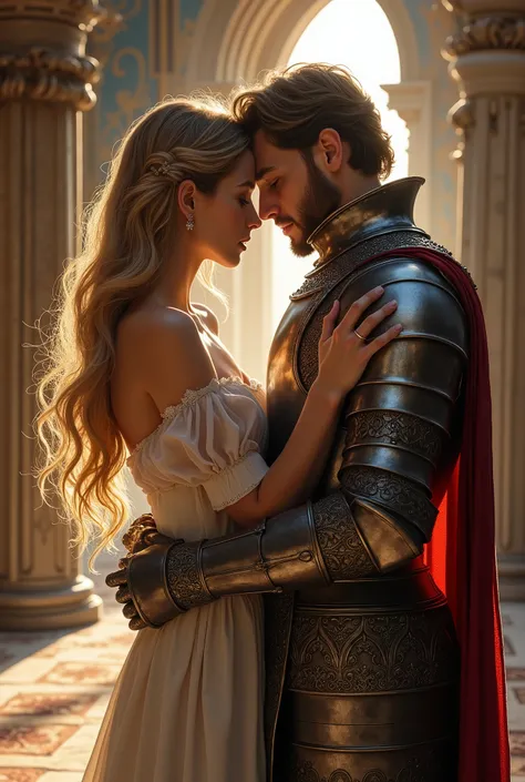 A beautiful woman with blue eyes and very blonde hair, embracing her husband, a knight from the Middle Ages in his armor, High resolution portrait image, in a palace.