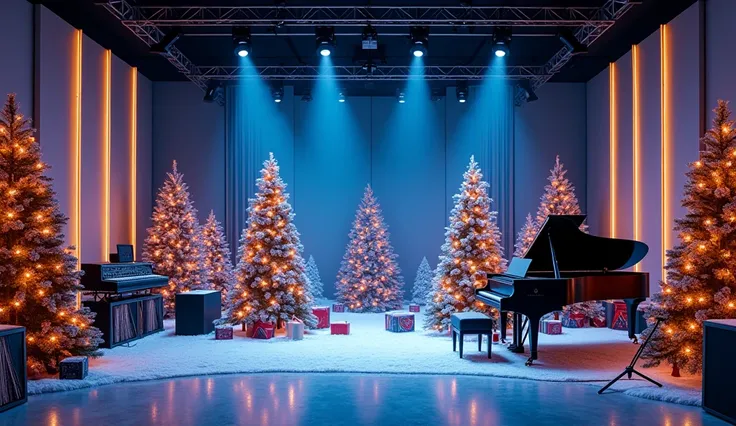 Draw music studio, imagine the stage decorated in Christmas style, with sparkling Christmas trees, colorful decorative lights, modern speaker system, lighting system blue professional music studio filled with instruments like guitars, a piano, mixing conso...