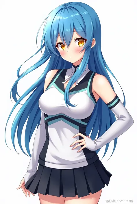 (Masterpiece, best quality)
 Rimuru tempest, cheerleader, large breast, white shirt, black skirt, teenage, long hair, blue hair, solo, hair between eyes, long sleeves, yellow eyes, 1girl, tracing, absurdres, 