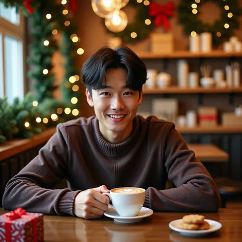 Scene: An Asian young man is sitting at a cozy café with holiday decorations like garlands, wreaths, and fairy lights.
Props: A cup of coffee with latte art, a small plate of Christmas cookies, and a wrapped gift box on the table.
Pose: Leaning forward wit...