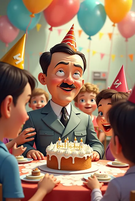 , cartoon Adolf Hitler has fun at a birthday party for Jewish ren and covered in white cream and HOLOCAUST on top! and its in the style of a cartoon cover from Disney and pixar 