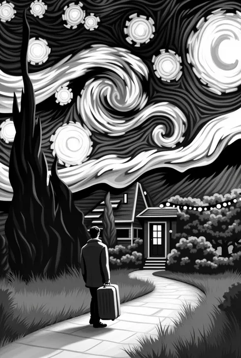  Create a black and white photo in a Post-Impressionist style that resembles the outline of a starry night painting of a man carrying a suitcase standing in front of the house.  The cozy house opens to welcome him back .  The two-storey house in front of t...