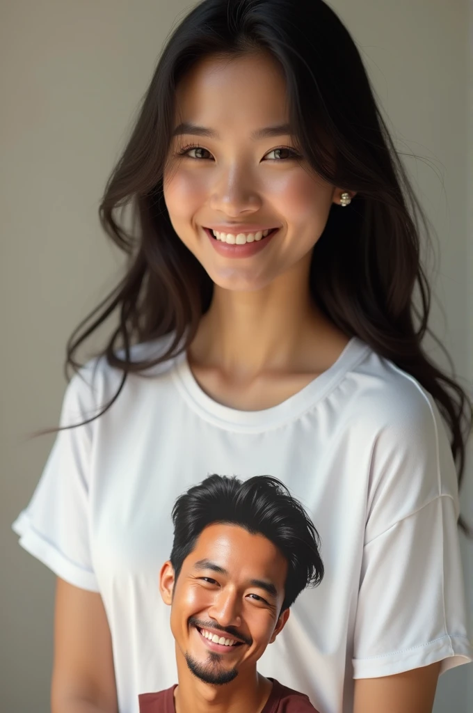 Beautiful Indonesian woman wearing a white t-shirt with a picture of a handsome mans face, smiling face 